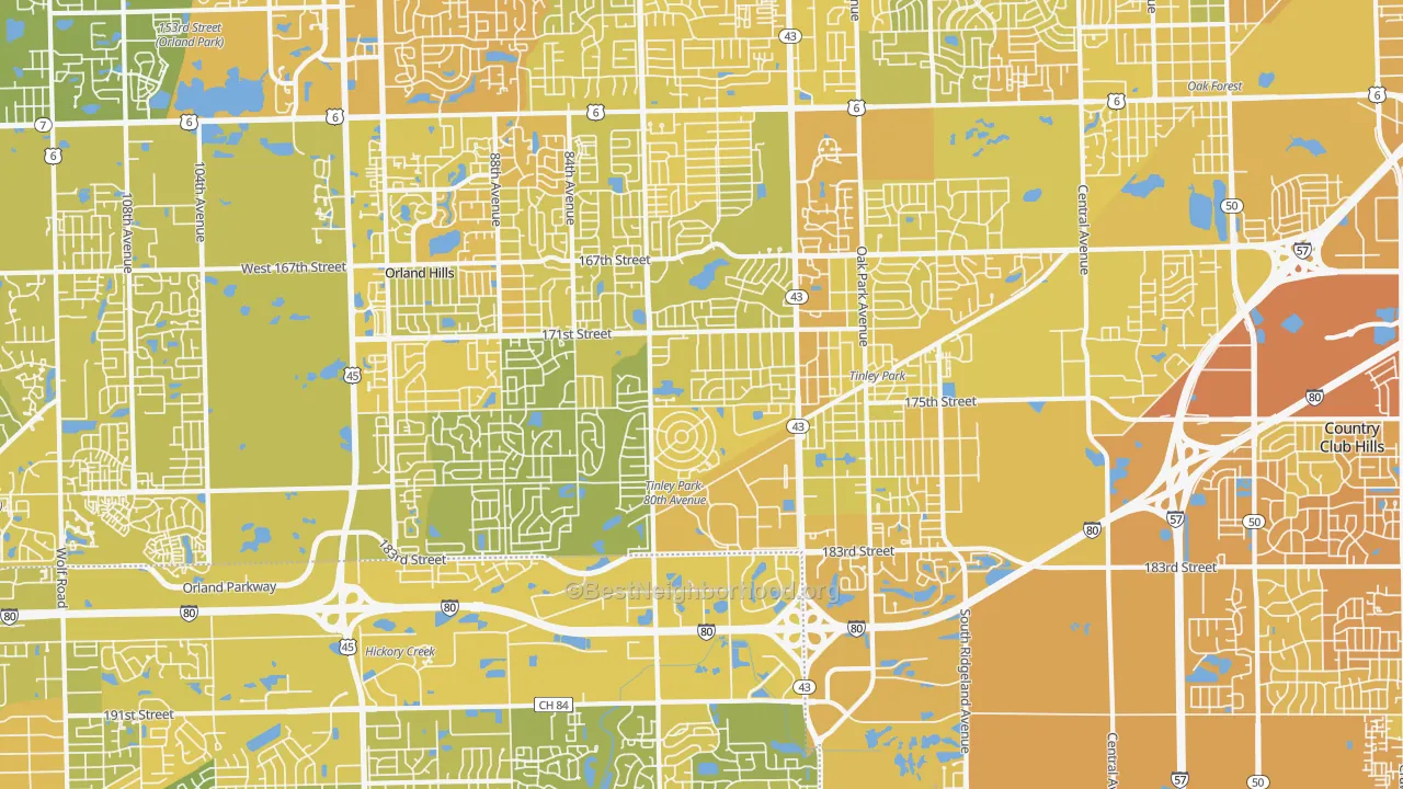 Map of the best neighborhoods in the Tinley Park area, with better matches in green and worse matches in red