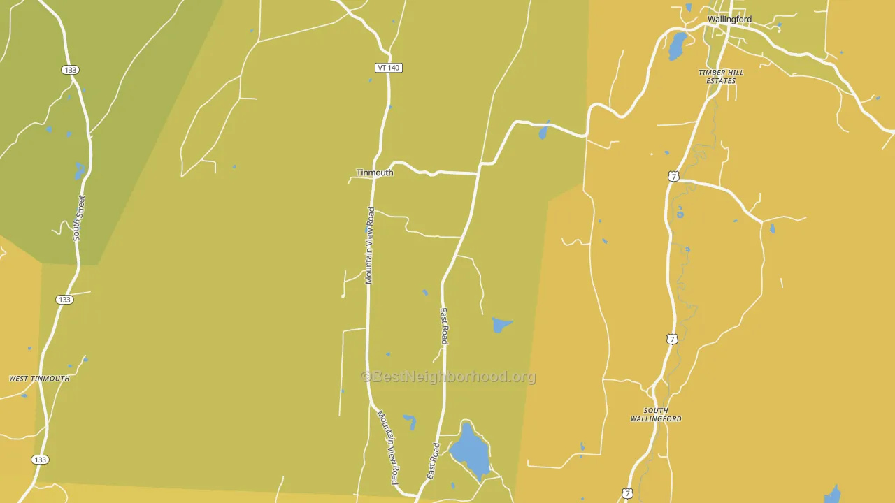 Map of the best neighborhoods in the Tinmouth area, with better matches in green and worse matches in red