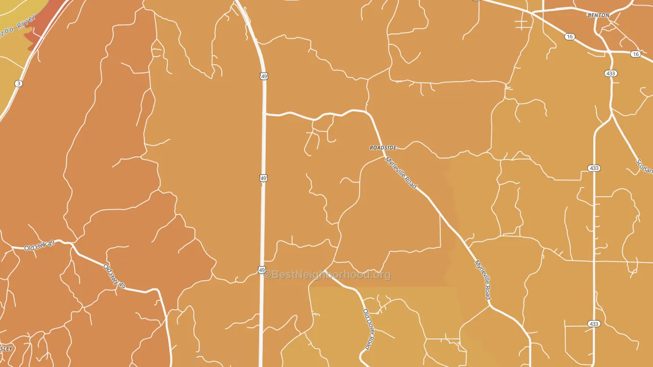 Map of the best neighborhoods in the Tinsley area, with better matches in green and worse matches in red