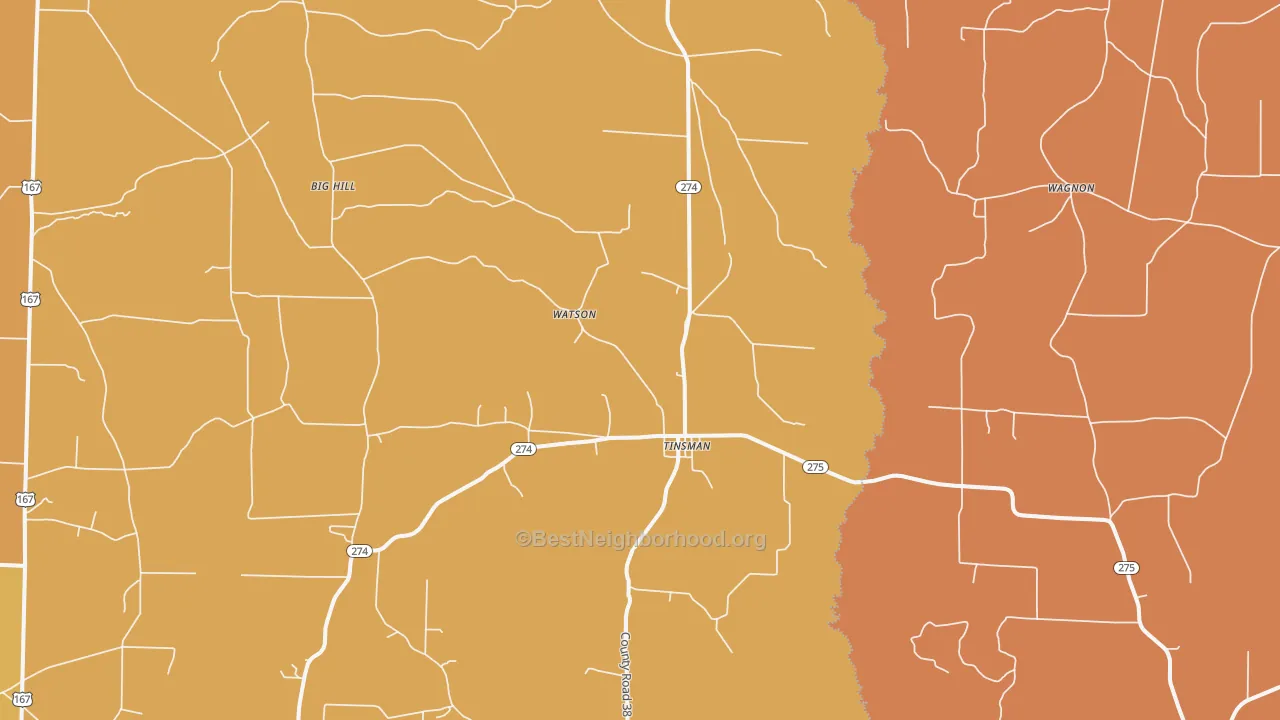 Map of the best neighborhoods in the Tinsman area, with better matches in green and worse matches in red