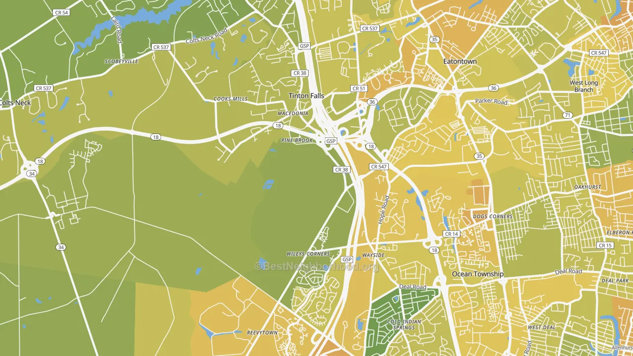 Map of the best neighborhoods in the Tinton Falls area, with better matches in green and worse matches in red