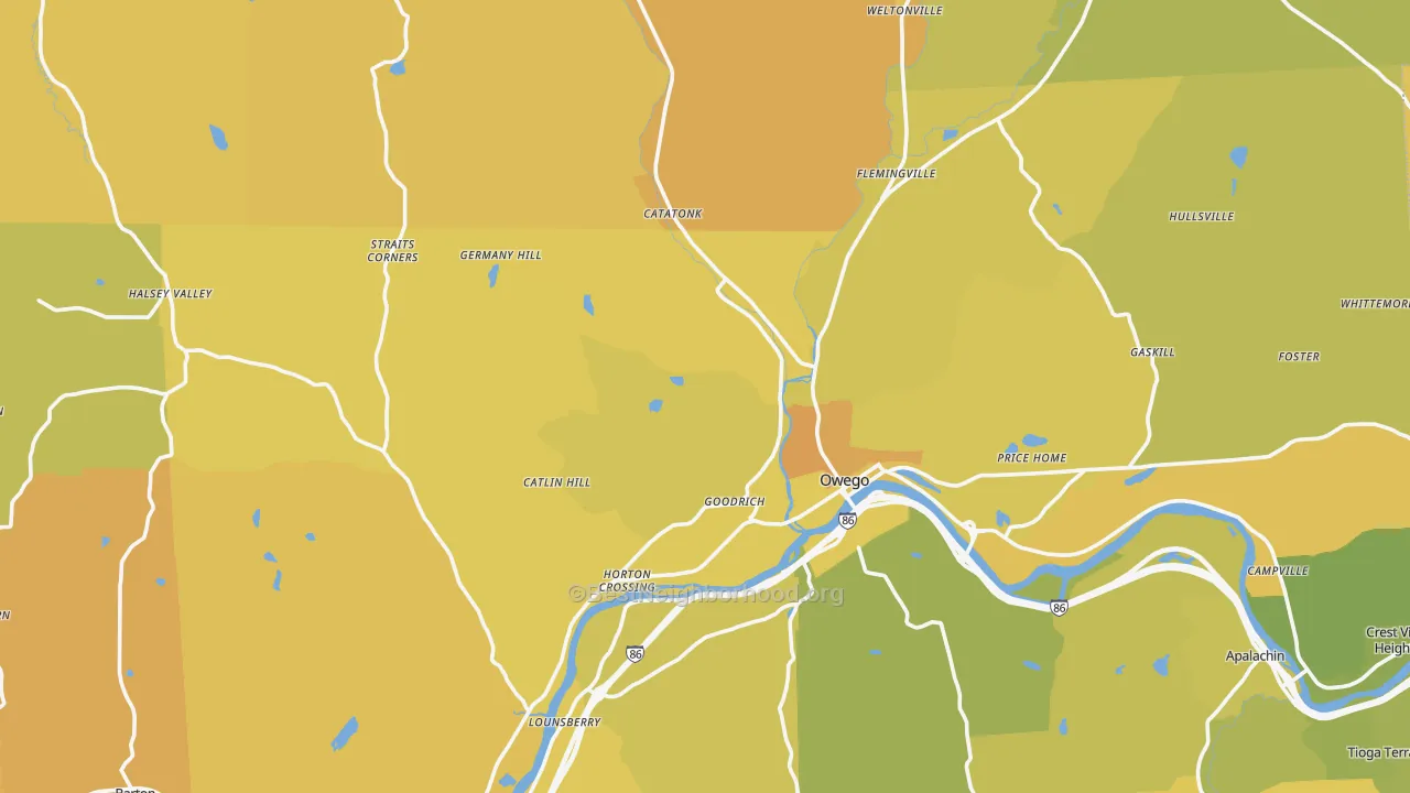 Map of the best neighborhoods in the Tioga County area, with better matches in green and worse matches in red