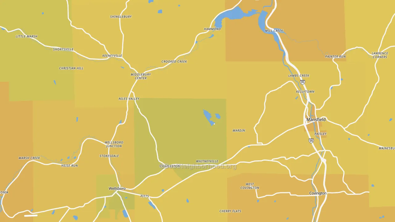 Map of the best neighborhoods in the Tioga County area, with better matches in green and worse matches in red