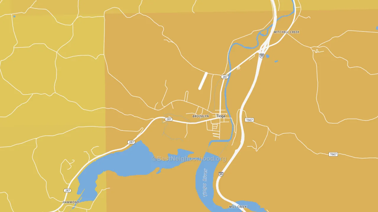 Map of the best neighborhoods in the Tioga Junction area, with better matches in green and worse matches in red