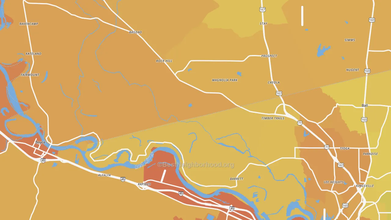 Map of the best neighborhoods in the Tioga area, with better matches in green and worse matches in red