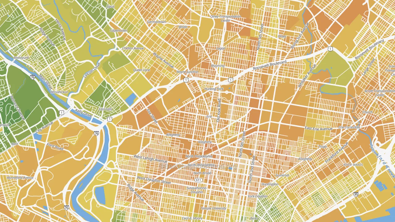 Map of the best neighborhoods in the Tioga-Nicetown, Philadelphia area, with better matches in green and worse matches in red