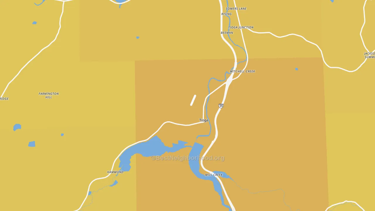 Map of the best neighborhoods in the Tioga area, with better matches in green and worse matches in red