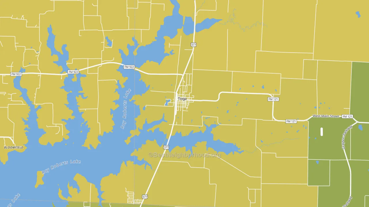 Map of the best neighborhoods in the Tioga area, with better matches in green and worse matches in red