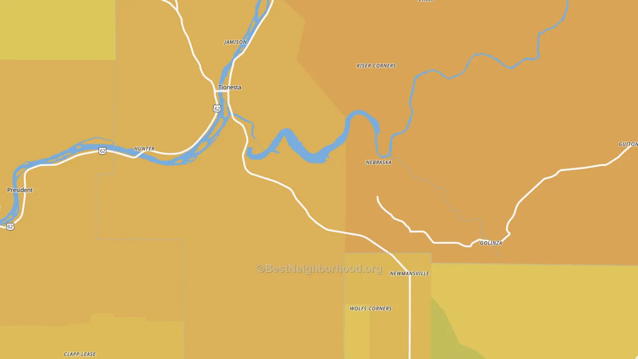 Map of the best neighborhoods in the Tionesta area, with better matches in green and worse matches in red