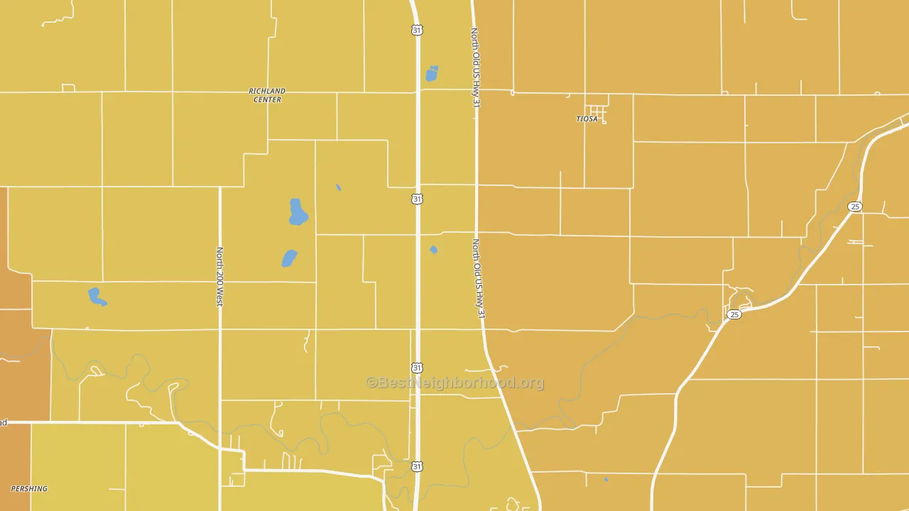 Map of the best neighborhoods in the Tiosa area, with better matches in green and worse matches in red