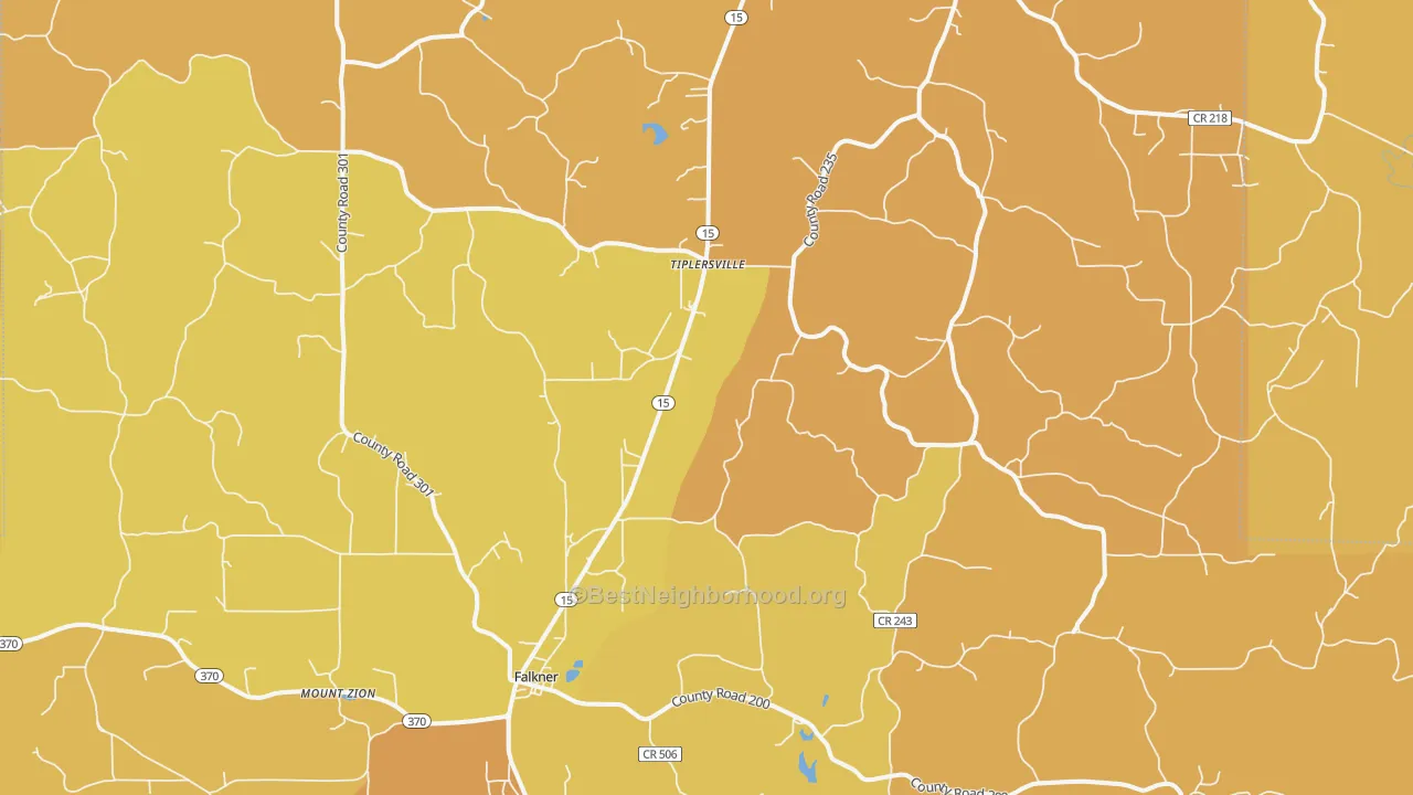 Map of the best neighborhoods in the Tiplersville area, with better matches in green and worse matches in red