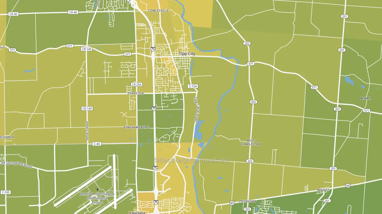 Map of the best neighborhoods in the Tipp City area, with better matches in green and worse matches in red