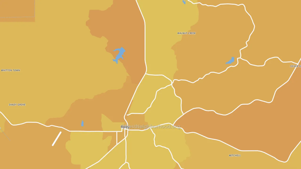 Map of the best neighborhoods in the Tippah County area, with better matches in green and worse matches in red