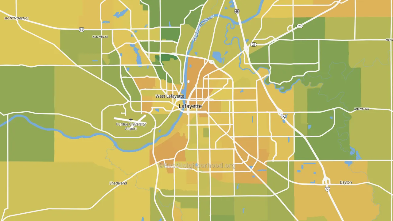 Map of the best neighborhoods in the Tippecanoe County area, with better matches in green and worse matches in red