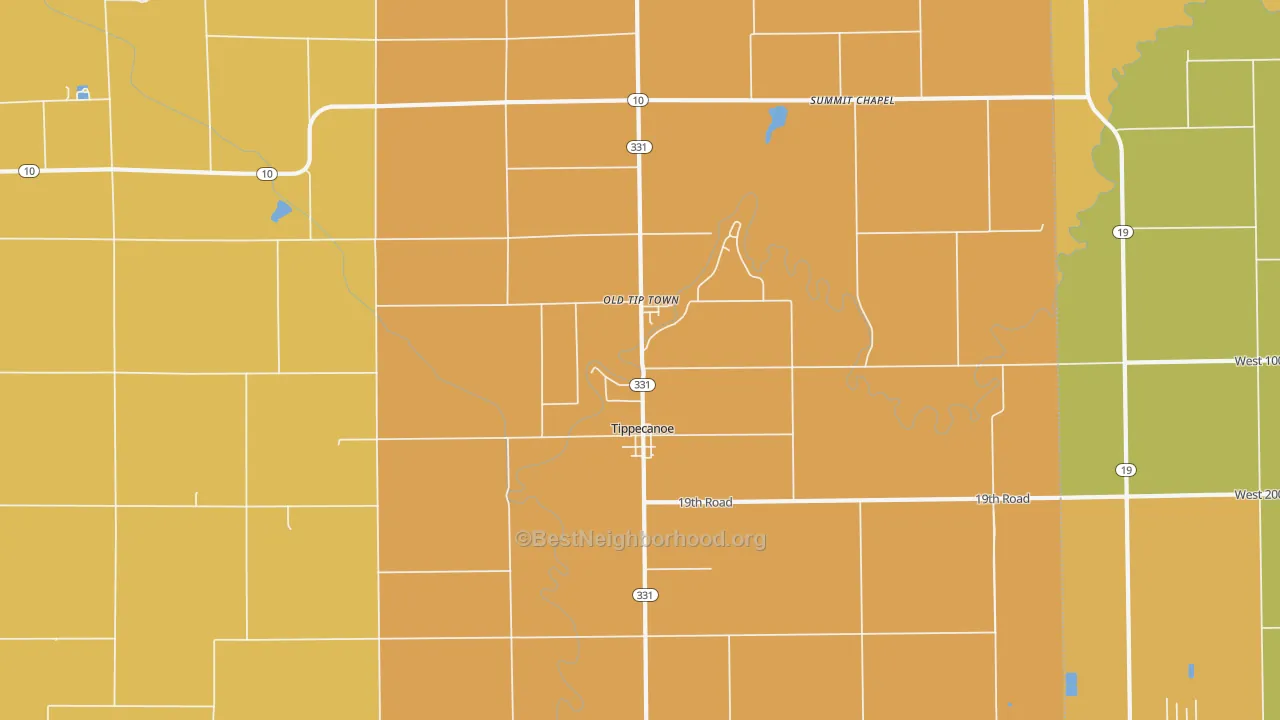 Map of the best neighborhoods in the Tippecanoe area, with better matches in green and worse matches in red