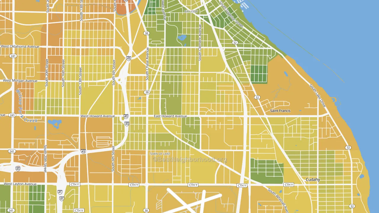 Map of the best neighborhoods in the Tippecanoe, Milwaukee area, with better matches in green and worse matches in red