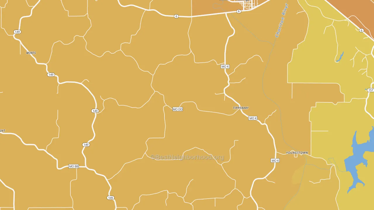 Map of the best neighborhoods in the Tipperary area, with better matches in green and worse matches in red