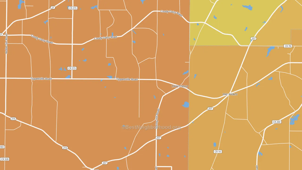 Map of the best neighborhoods in the Tippettville area, with better matches in green and worse matches in red