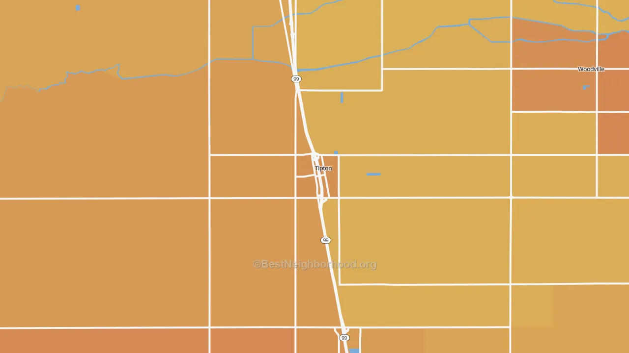 Map of the best neighborhoods in the Tipton area, with better matches in green and worse matches in red