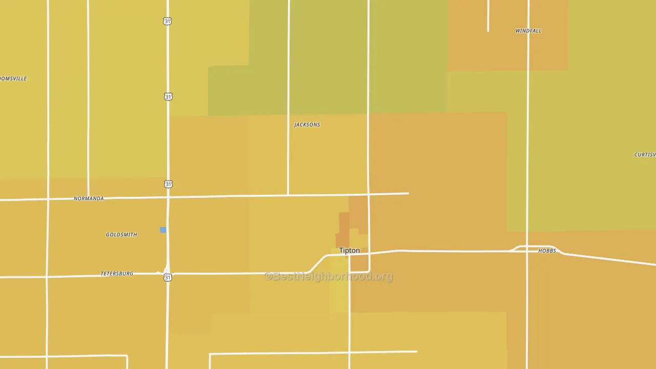 Map of the best neighborhoods in the Tipton County area, with better matches in green and worse matches in red