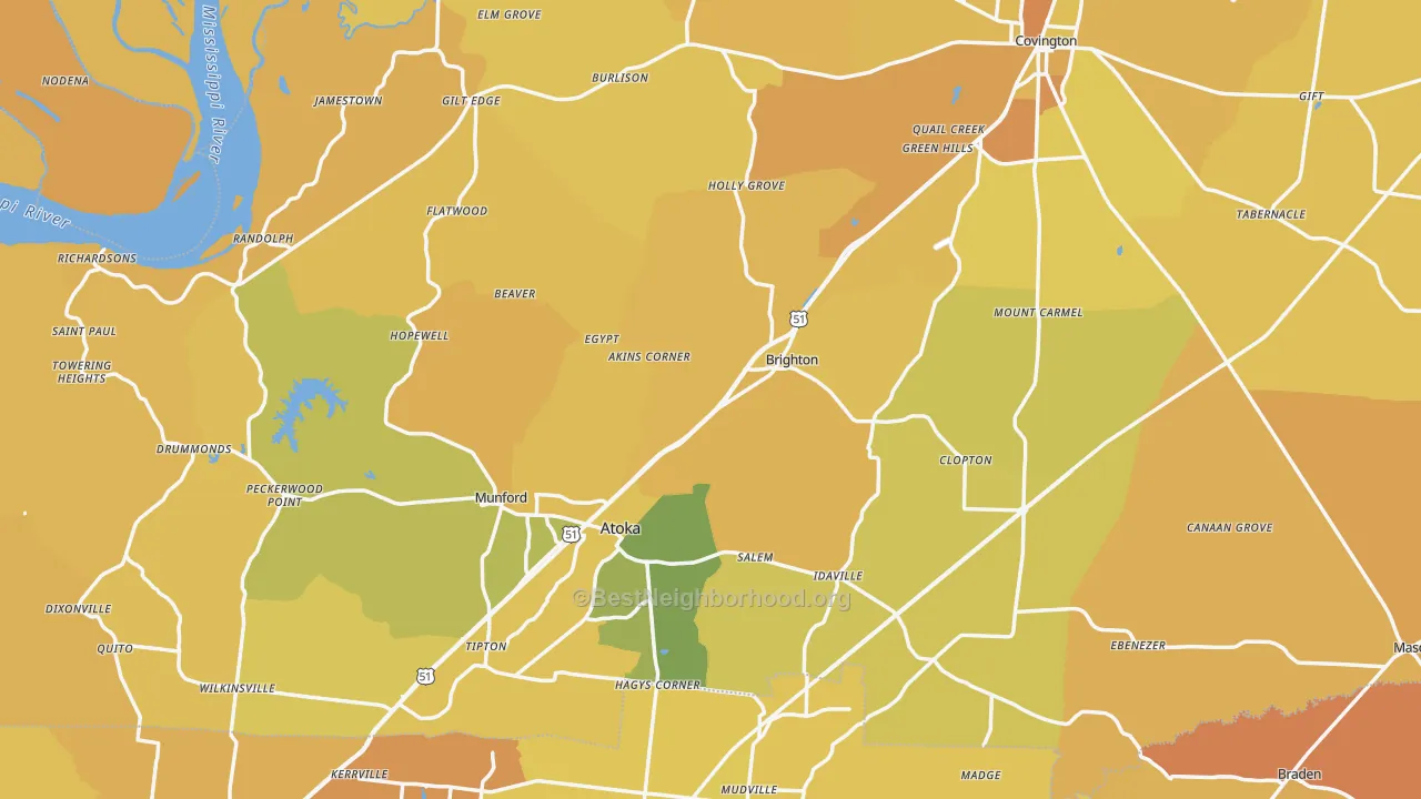 Map of the best neighborhoods in the Tipton County area, with better matches in green and worse matches in red