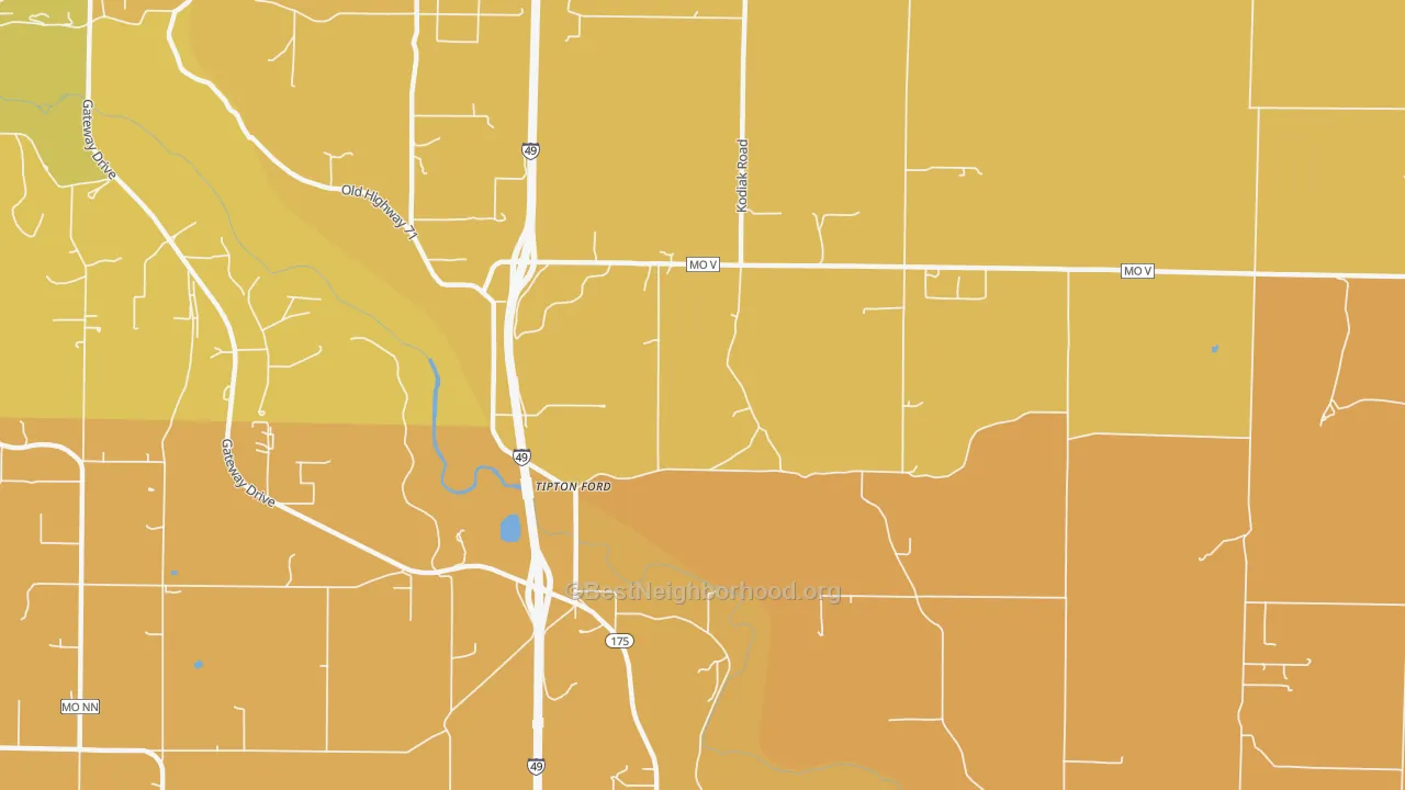 Map of the best neighborhoods in the Tipton Ford area, with better matches in green and worse matches in red