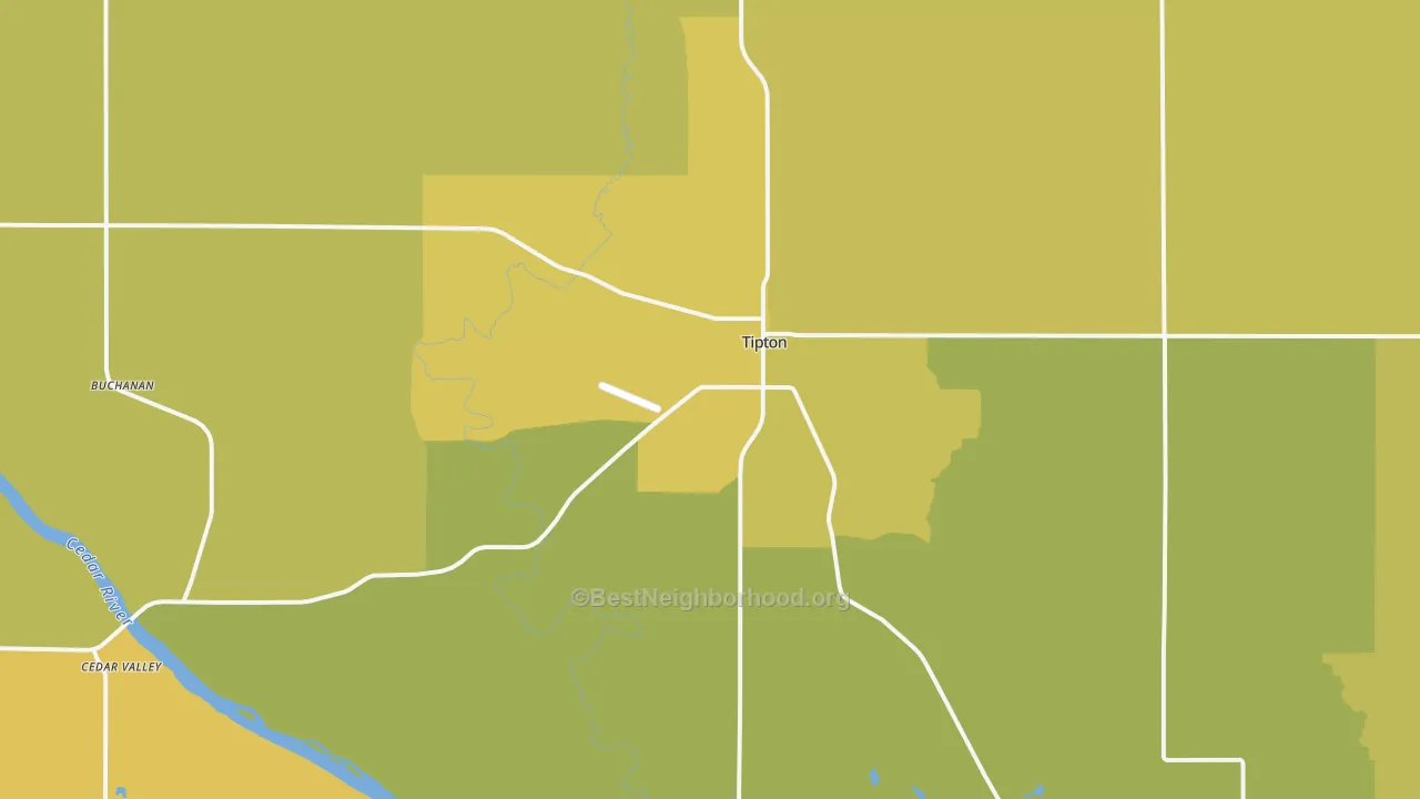 Map of the best neighborhoods in the Tipton area, with better matches in green and worse matches in red