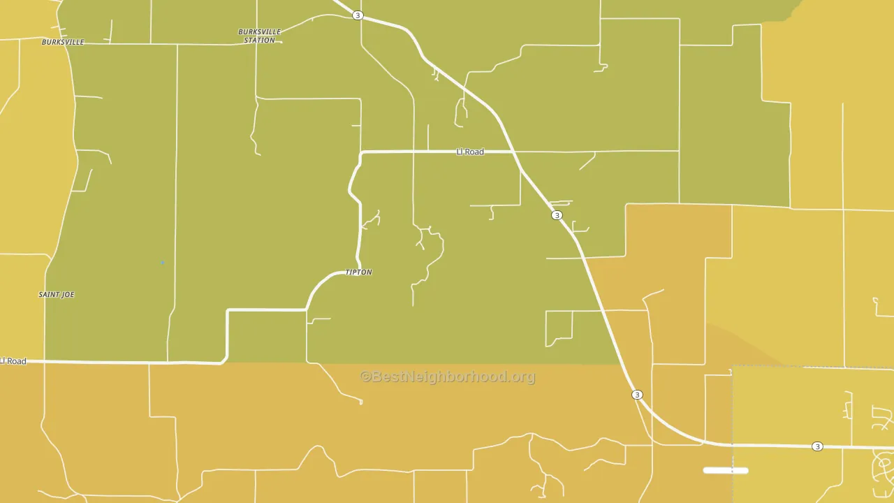 Map of the best neighborhoods in the Tipton area, with better matches in green and worse matches in red