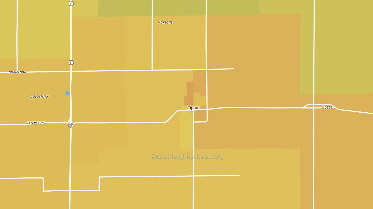Map of the best neighborhoods in the Tipton area, with better matches in green and worse matches in red