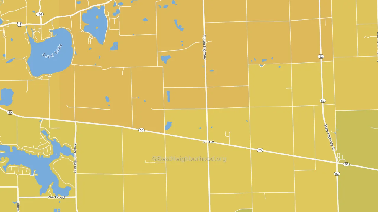 Map of the best neighborhoods in the Tipton area, with better matches in green and worse matches in red