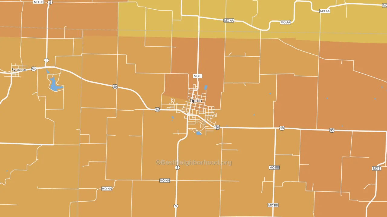 Map of the best neighborhoods in the Tipton area, with better matches in green and worse matches in red