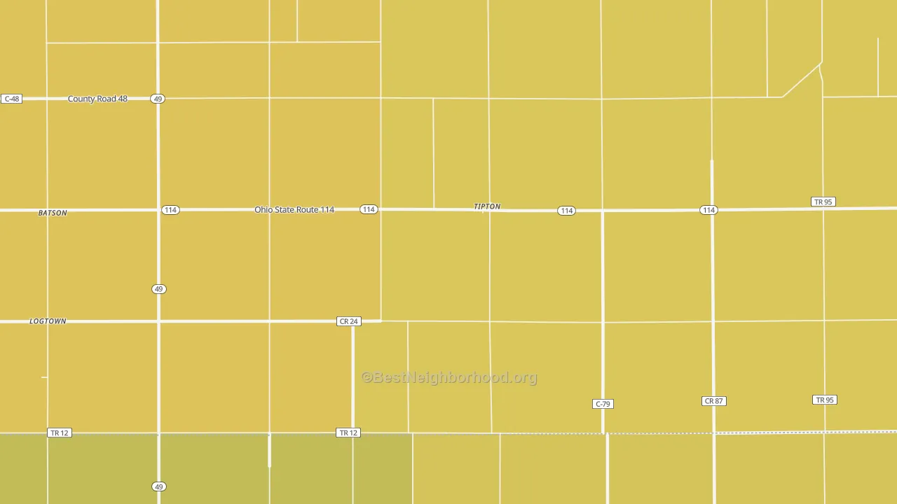 Map of the best neighborhoods in the Tipton area, with better matches in green and worse matches in red