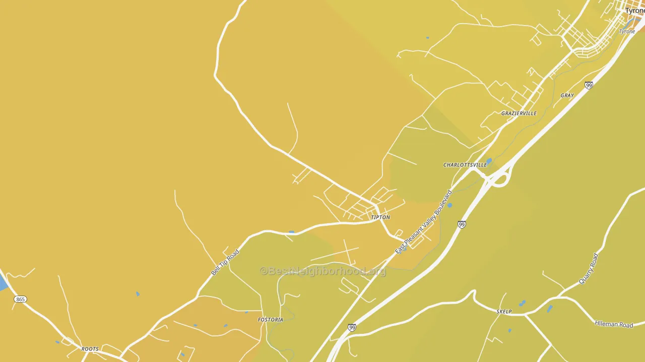 Map of the best neighborhoods in the Tipton area, with better matches in green and worse matches in red