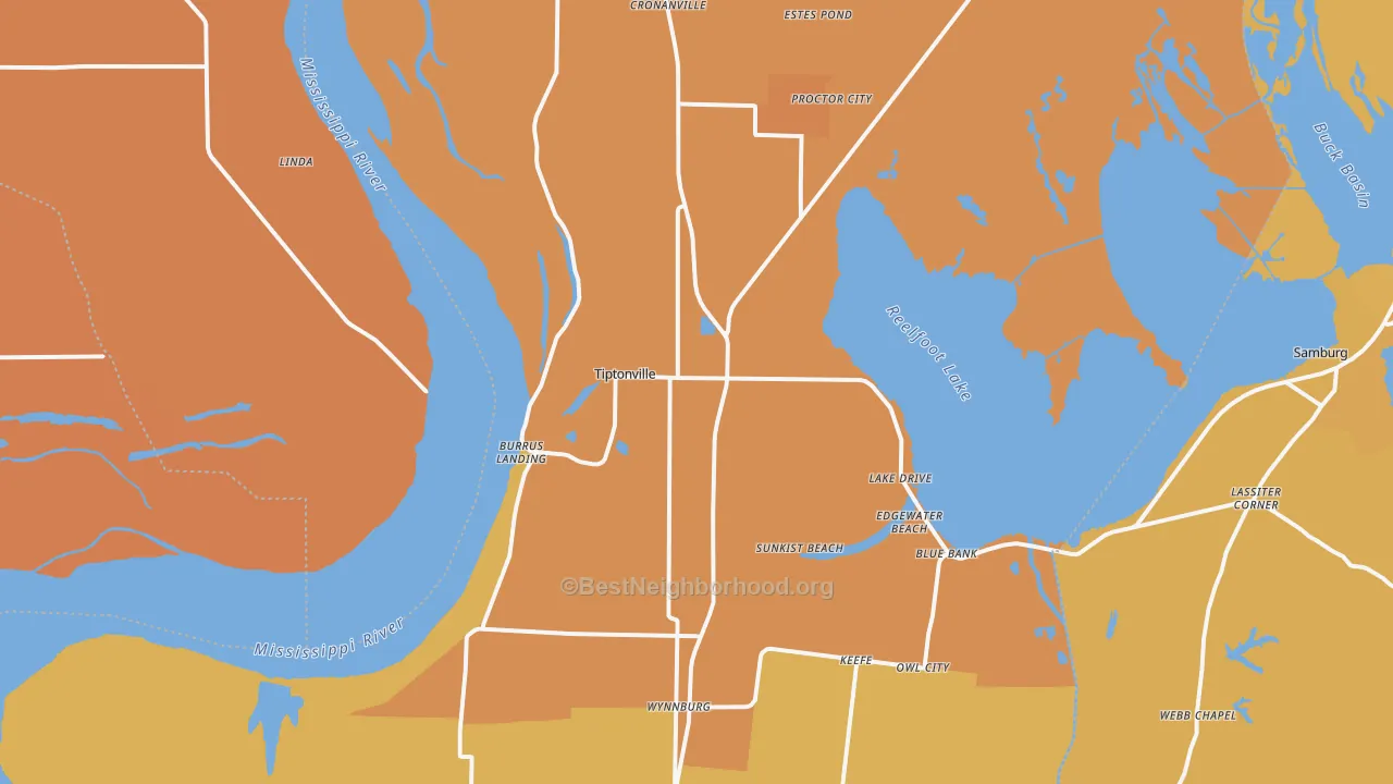 Map of the best neighborhoods in the Tiptonville area, with better matches in green and worse matches in red
