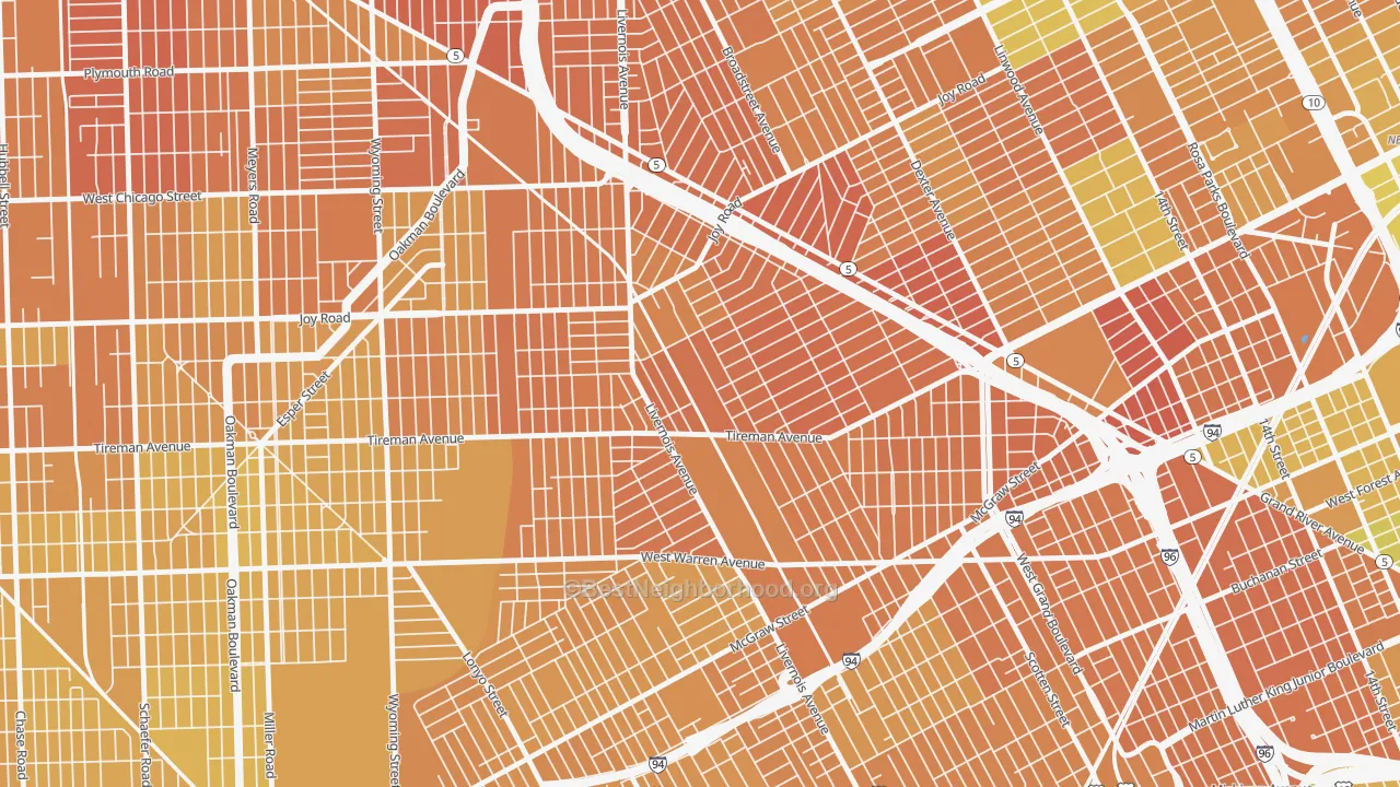 Map of the best neighborhoods in the Tireman, Detroit area, with better matches in green and worse matches in red