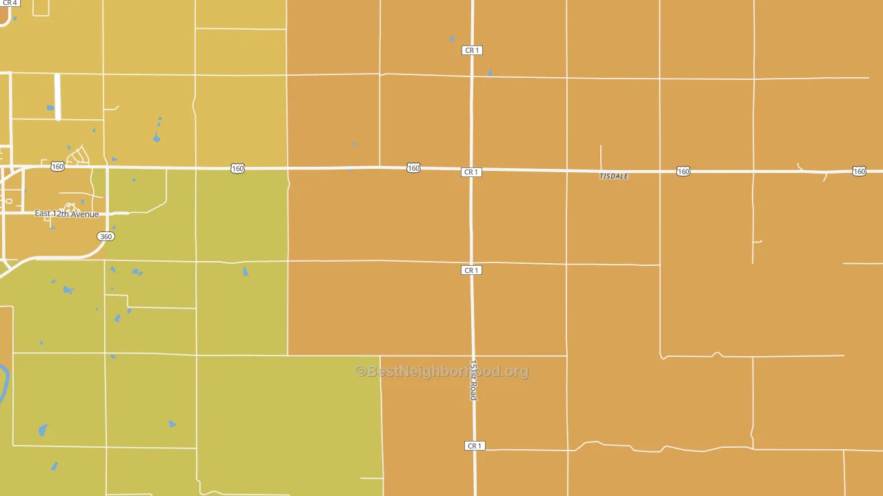 Map of the best neighborhoods in the Tisdale area, with better matches in green and worse matches in red