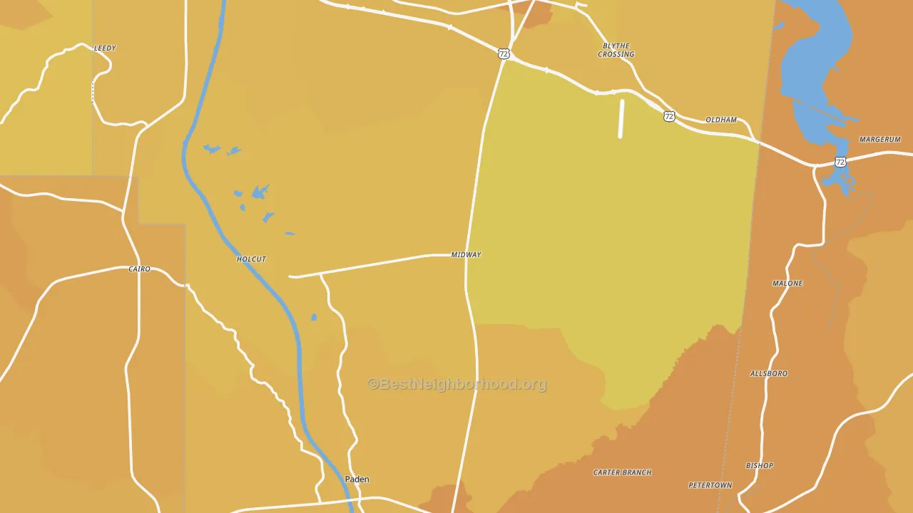Map of the best neighborhoods in the Tishomingo County area, with better matches in green and worse matches in red