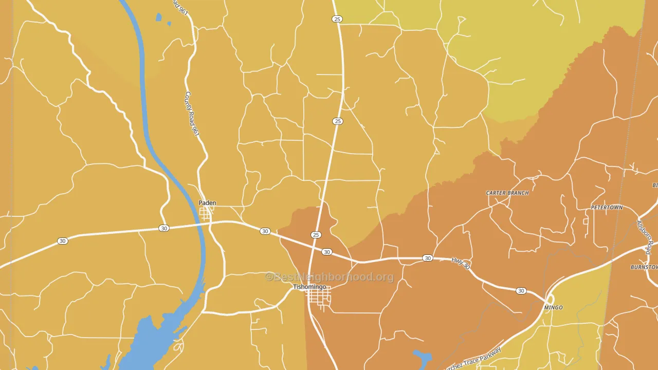 Map of the best neighborhoods in the Tishomingo area, with better matches in green and worse matches in red