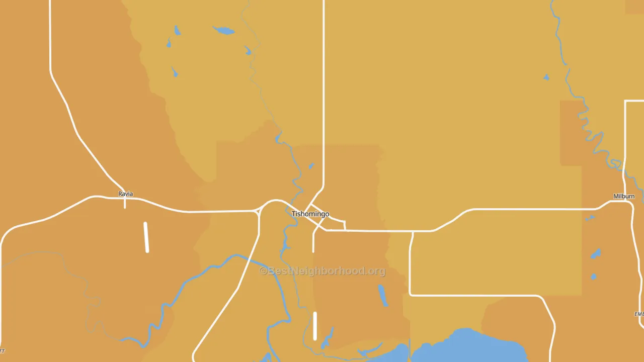 Map of the best neighborhoods in the Tishomingo area, with better matches in green and worse matches in red