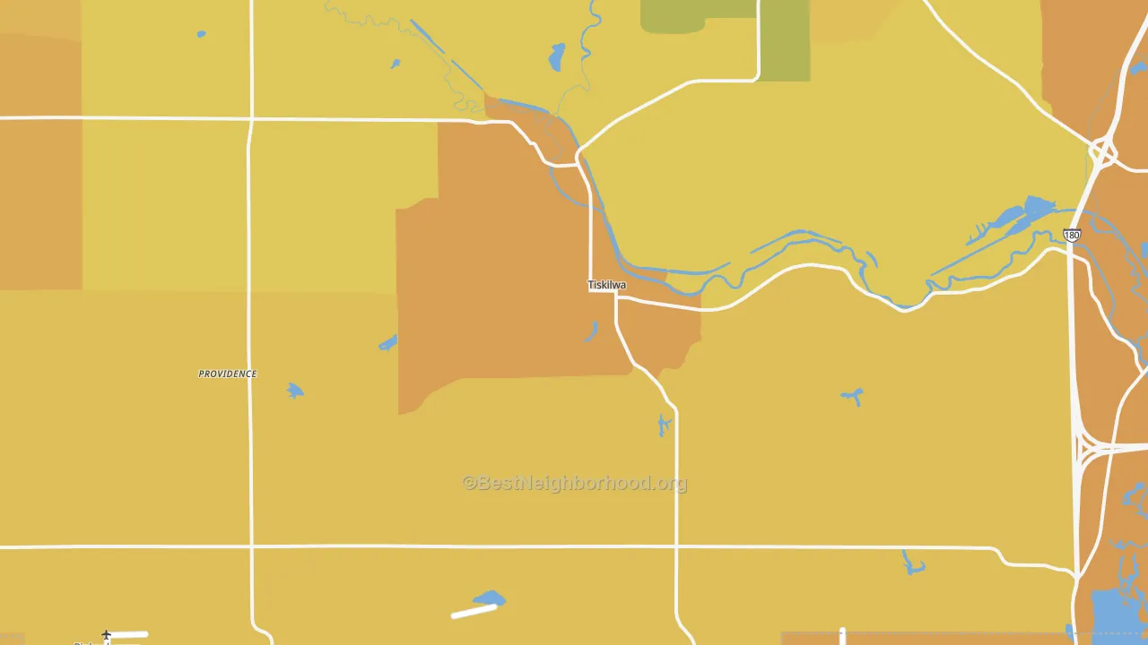 Map of the best neighborhoods in the Tiskilwa area, with better matches in green and worse matches in red