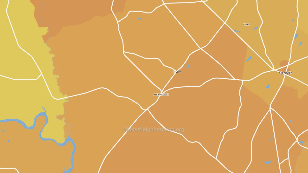 Map of the best neighborhoods in the Tison area, with better matches in green and worse matches in red