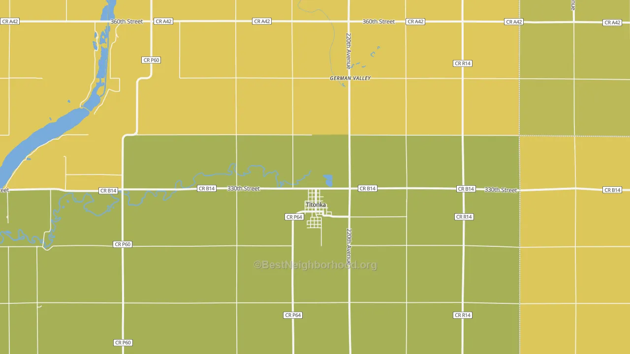 Map of the best neighborhoods in the Titonka area, with better matches in green and worse matches in red