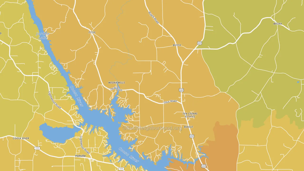 Map of the best neighborhoods in the Titus area, with better matches in green and worse matches in red