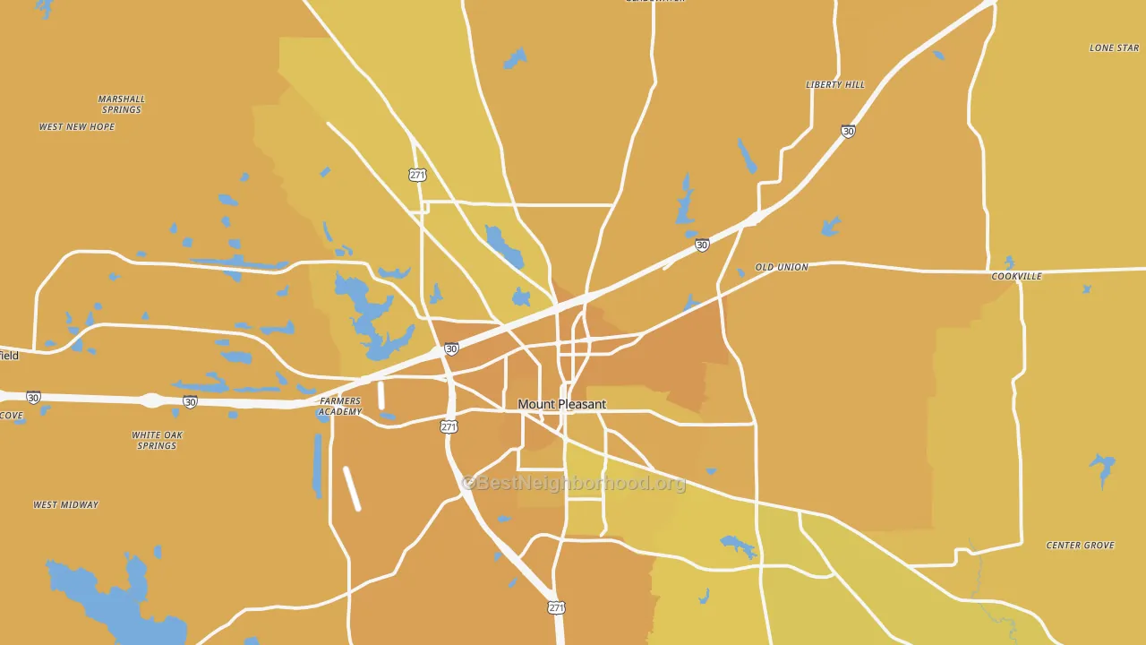 Map of the best neighborhoods in the Titus County area, with better matches in green and worse matches in red
