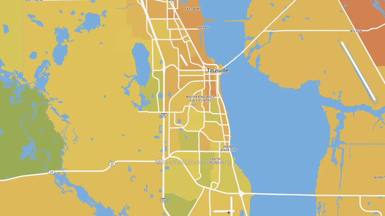 Map of the best neighborhoods in the Titusville area, with better matches in green and worse matches in red