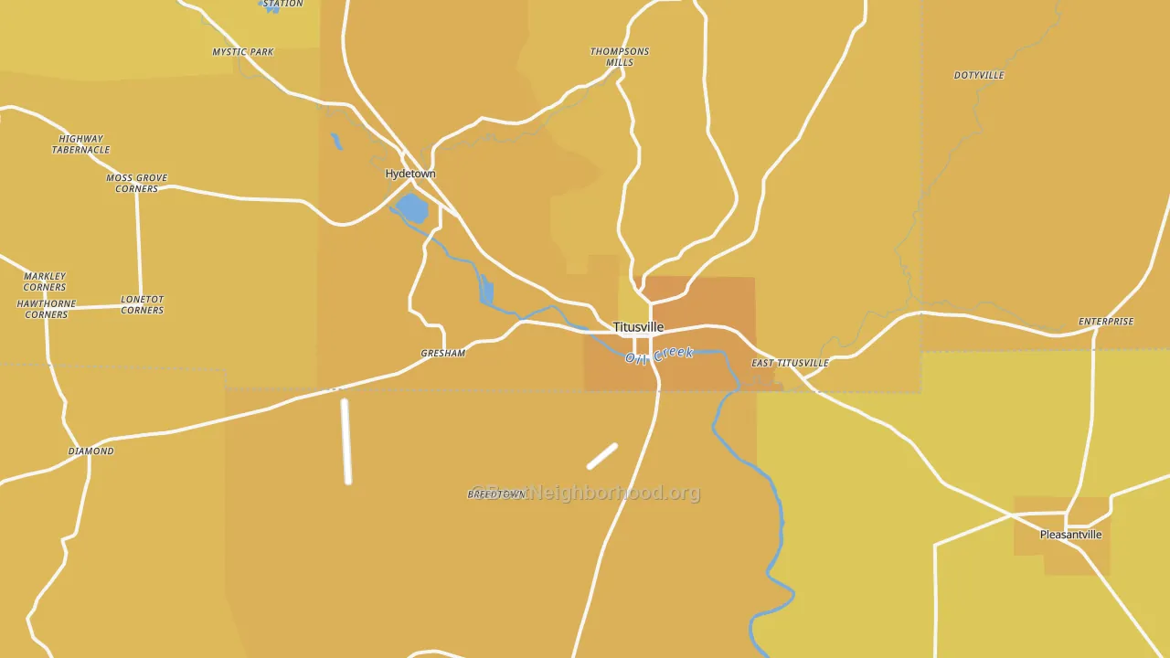 Map of the best neighborhoods in the Titusville area, with better matches in green and worse matches in red