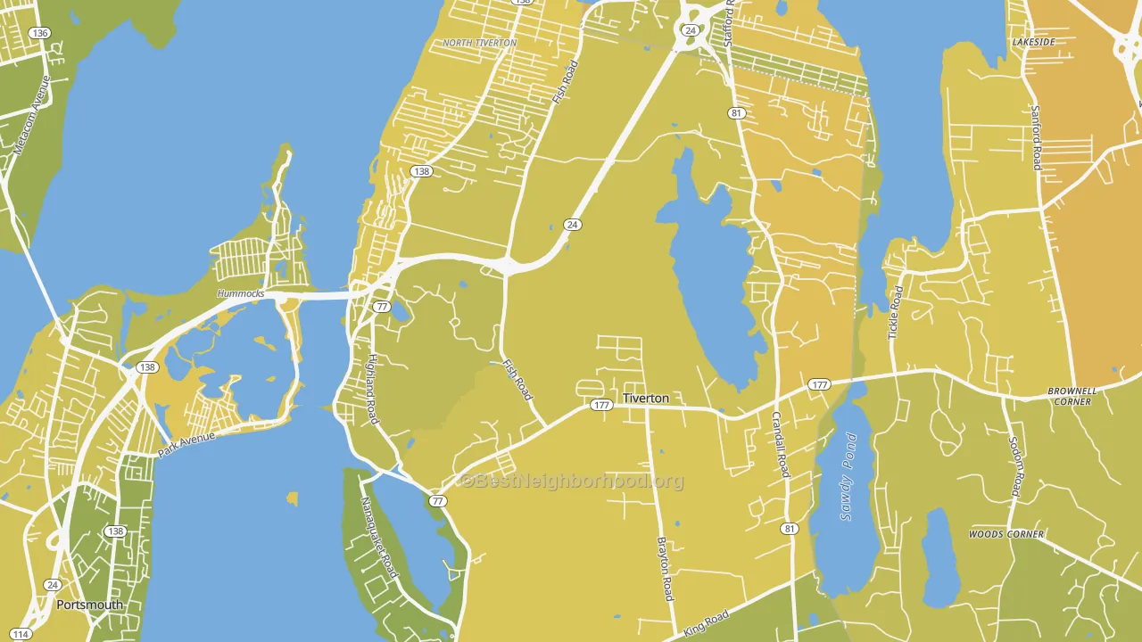 Map of the best neighborhoods in the Tiverton area, with better matches in green and worse matches in red