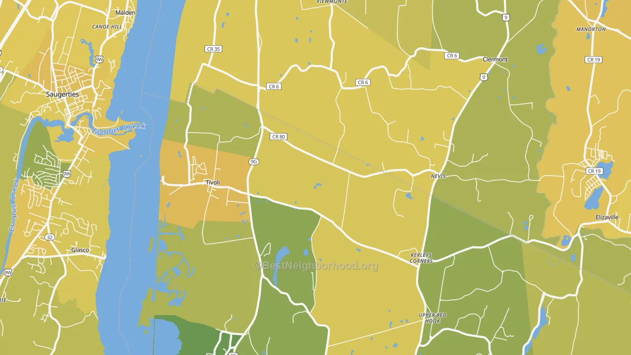 Map of the best neighborhoods in the Tivoli area, with better matches in green and worse matches in red