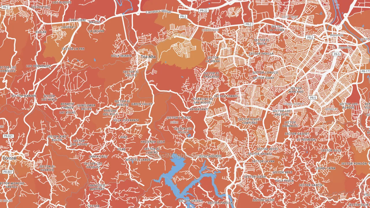 Map of the best neighborhoods in the Toa Alta Municipio area, with better matches in green and worse matches in red