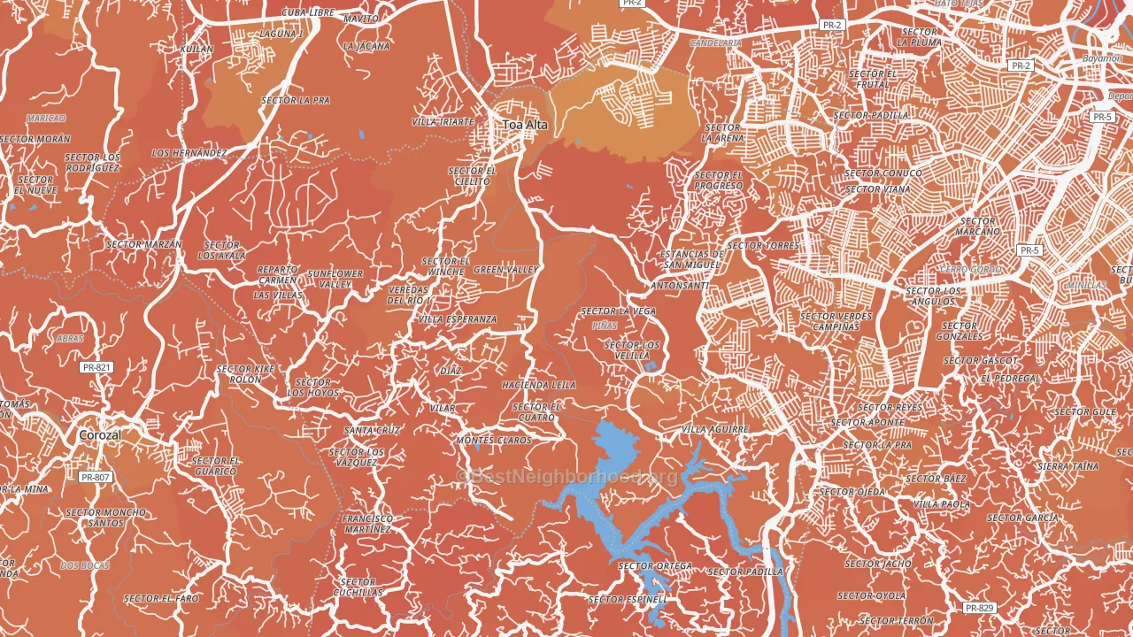 Map of the best neighborhoods in the Toa Alta area, with better matches in green and worse matches in red